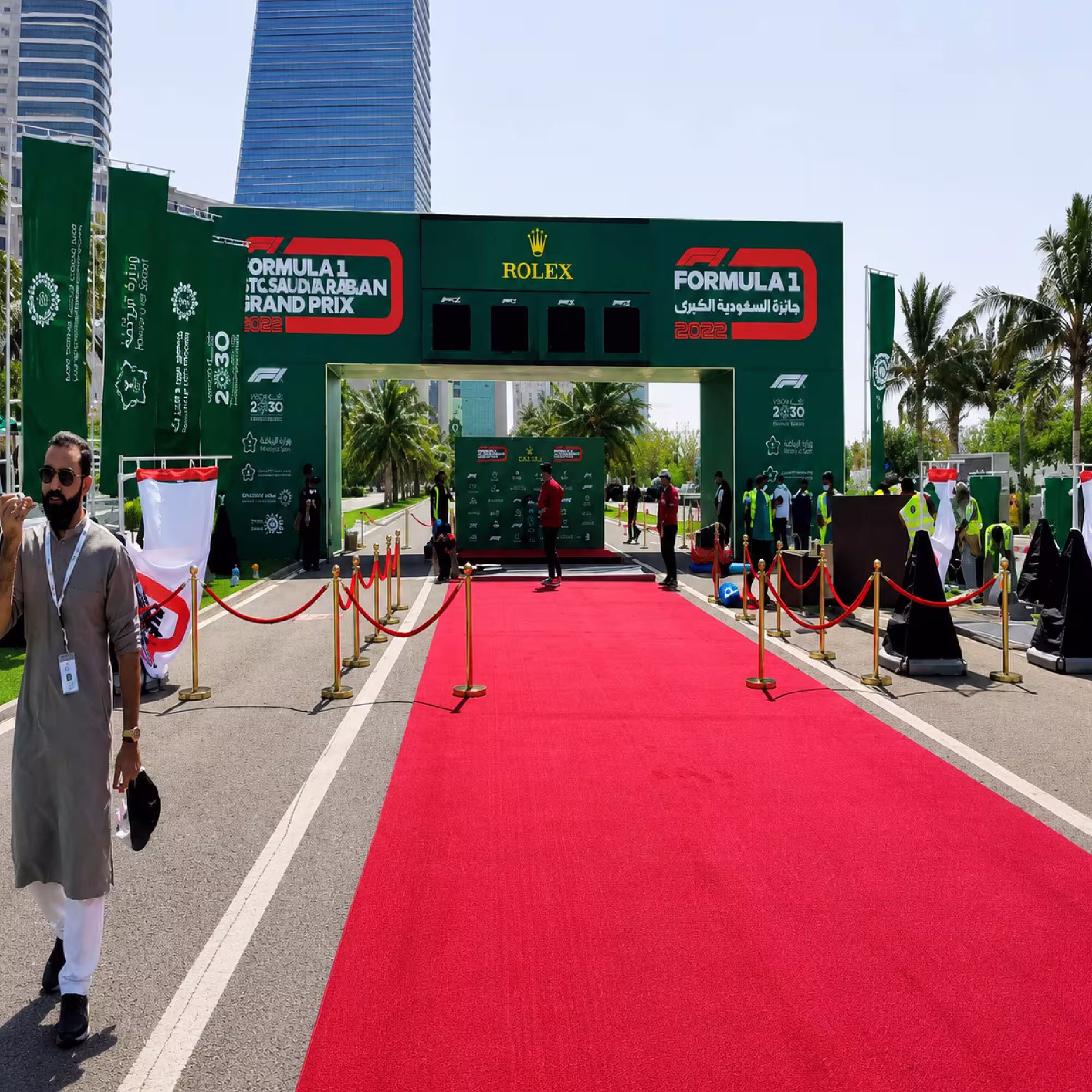 Formula 1 event entrance with branded event structure and red carpet in Saudi Arabia