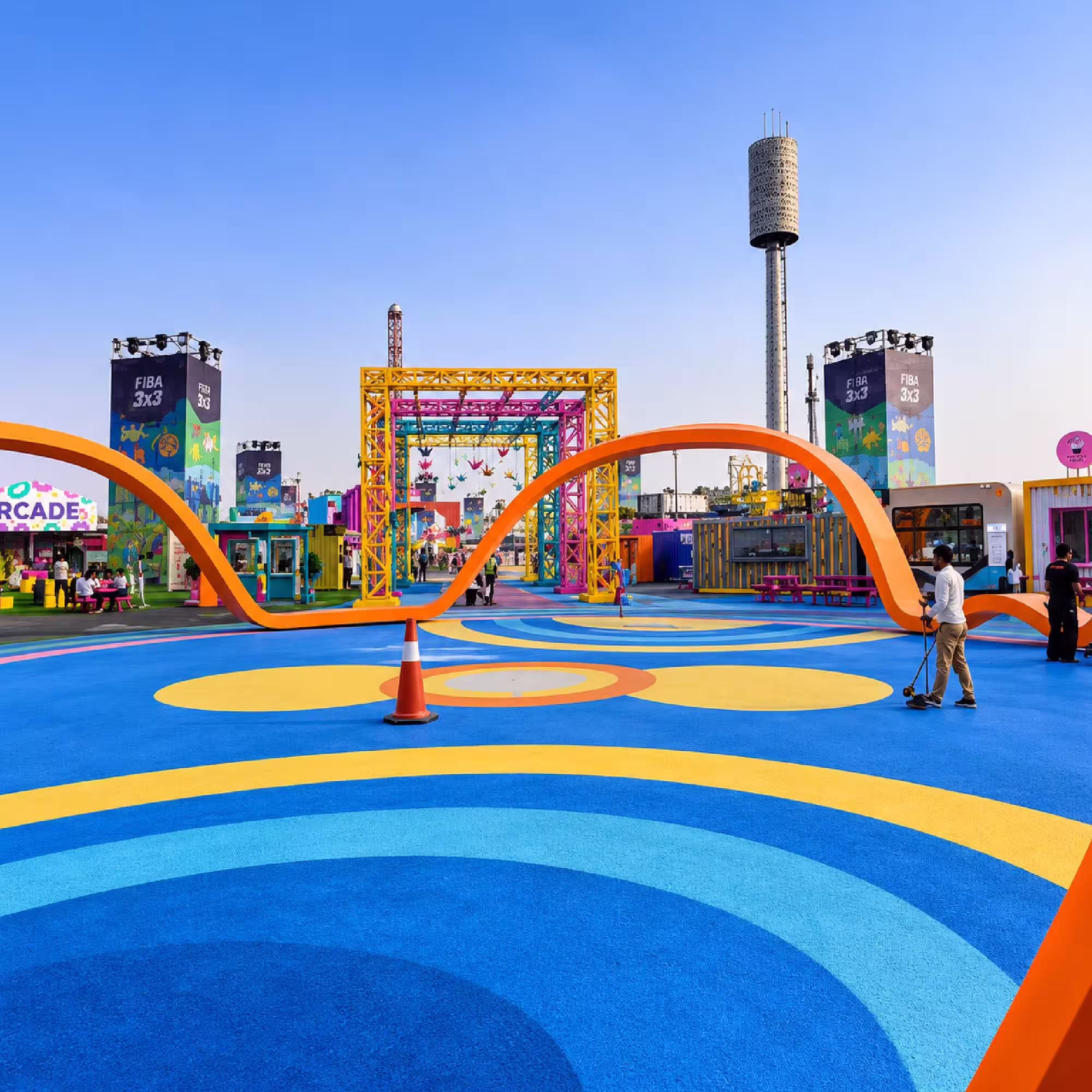 Colorful temporary event structures and truss installations at an outdoor sports venue
