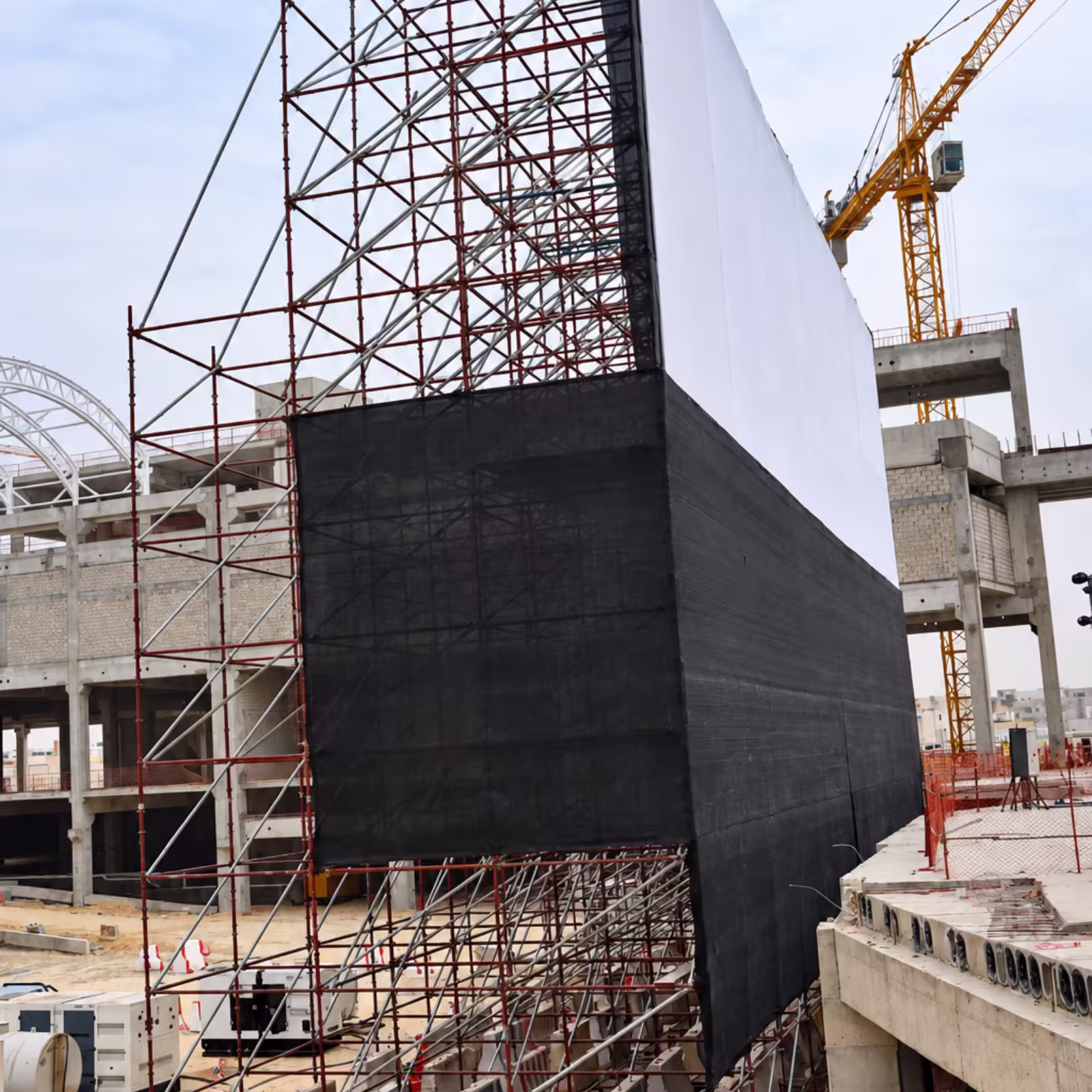 Large-scale scaffolding structure supporting a temporary event screen with black mesh covering at a construction site.