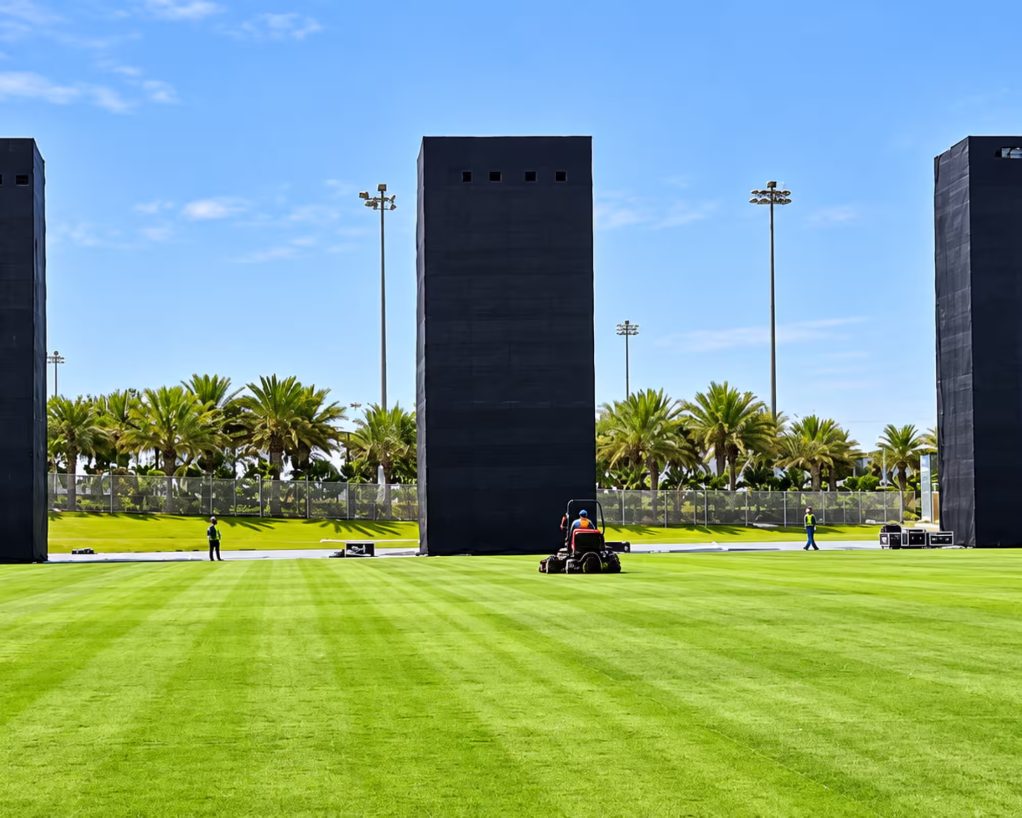 Temporary event structures with tall black-covered towers arranged across a large outdoor grass field.