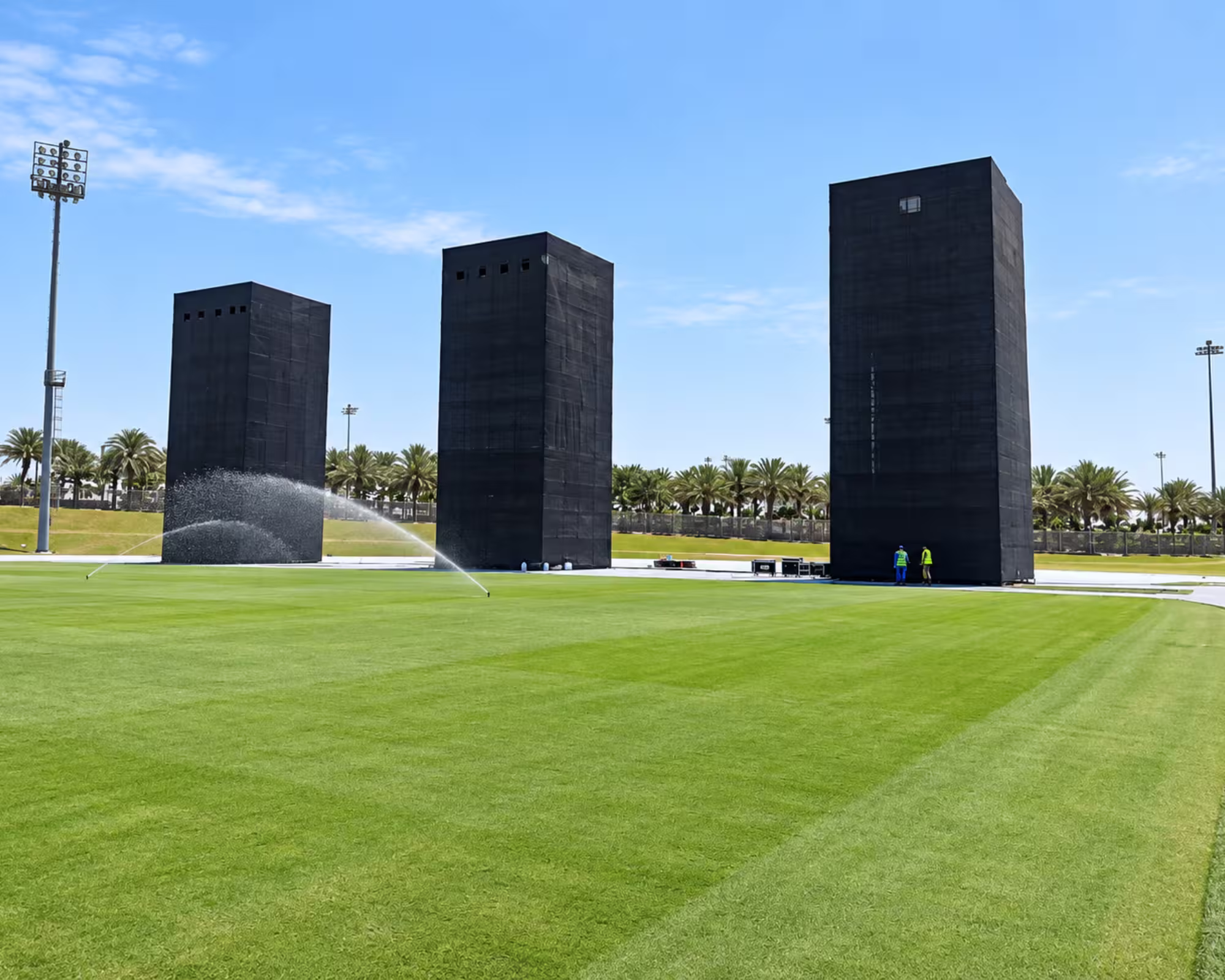 Three large black mesh-covered temporary event structures arranged across a landscaped grass field with sprinklers and stadium lighting.