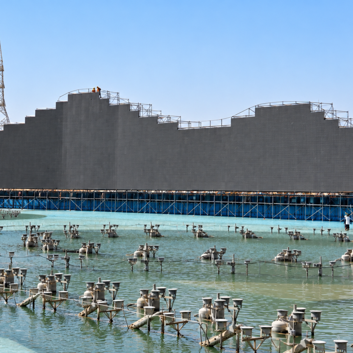 Temporary grandstand structure with stepped seating tiers, steel scaffolding supports, and a large event backdrop positioned beside a water-filled outdoor venue.