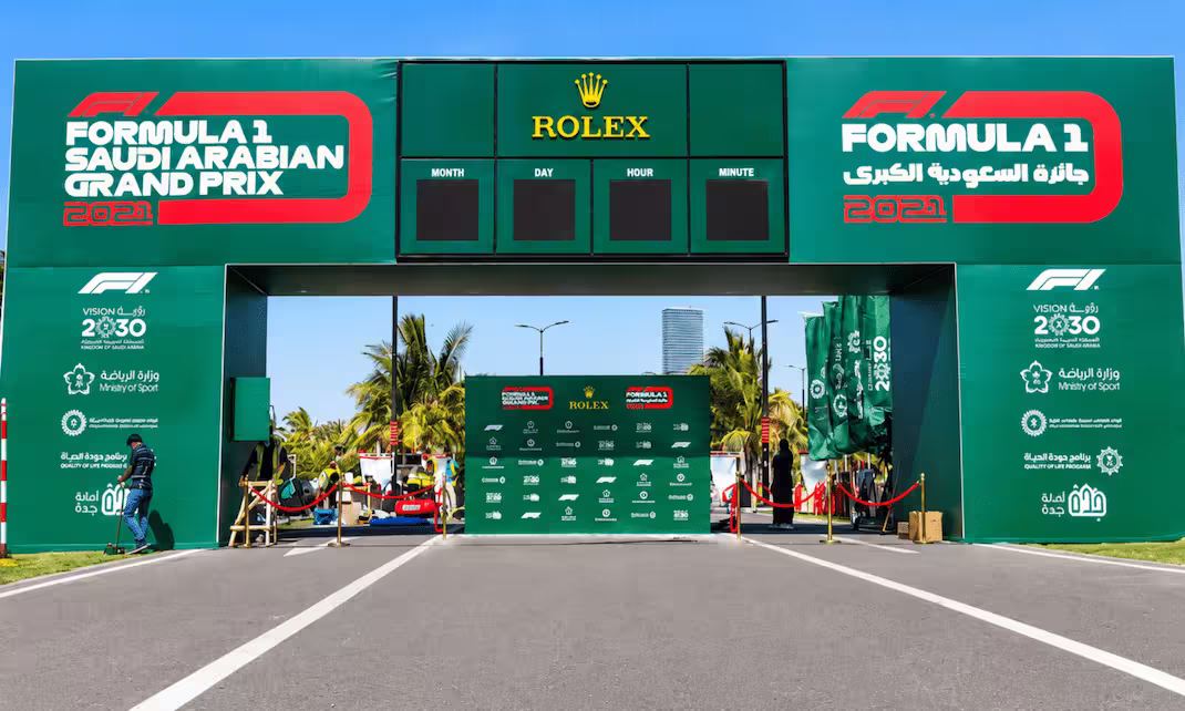 Formula 1 Saudi Arabian Grand Prix 2021 event entrance with Rolex countdown clock and branded green gateway.