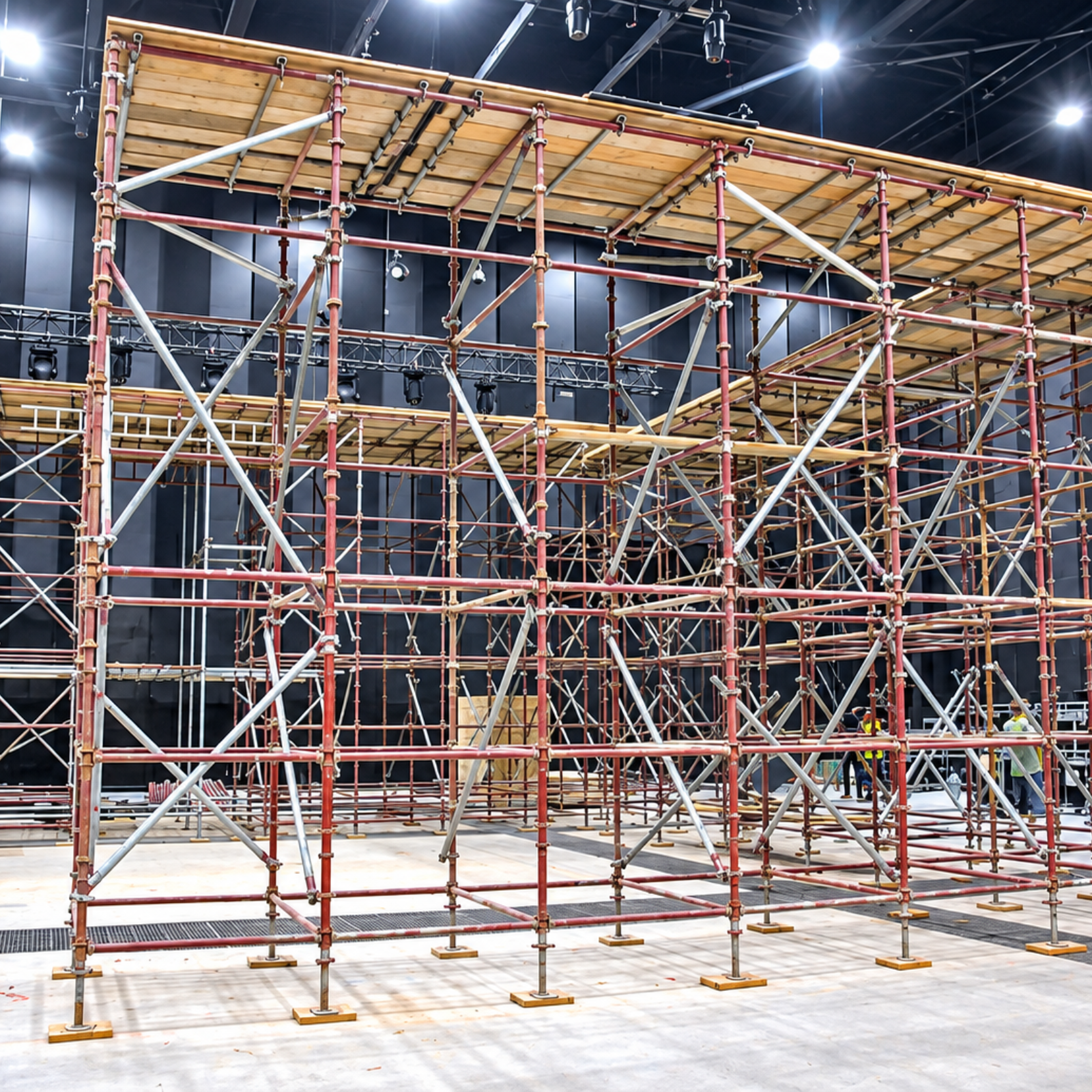 Indoor event venue with multi-level metal scaffolding supporting wooden platforms beneath stage lighting.