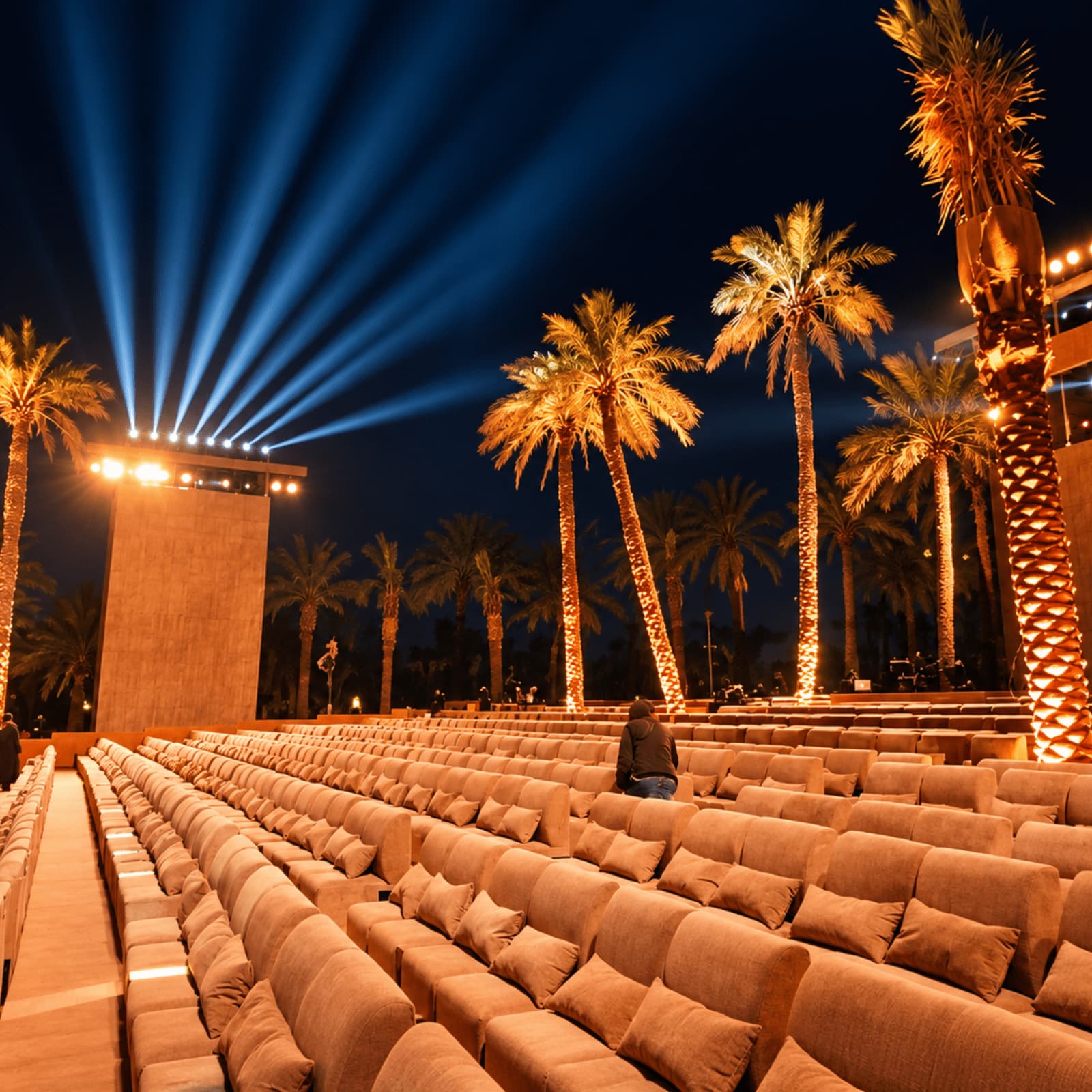 Outdoor nighttime event seating with rows of cushioned chairs, illuminated palm trees, and dramatic blue stage lighting.